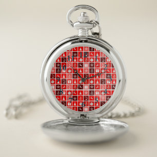 Modern Red Christmas Grid Pattern Minimalist  Pocket Watch
