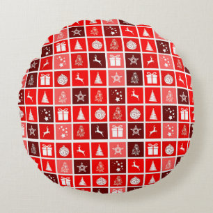 Modern Red Christmas Grid Pattern Minimalist  Round Pillow