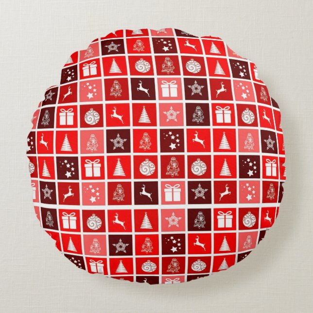 Modern Red Christmas Grid Pattern Minimalist  Round Pillow (Front)