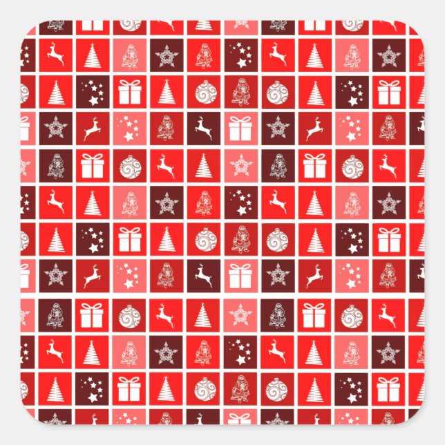 Modern Red Christmas Grid Pattern Minimalist  Square Sticker (Front)