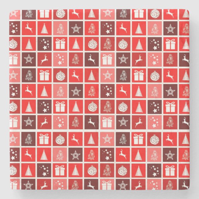 Modern Red Christmas Grid Pattern Minimalist  Stone Coaster (Front)