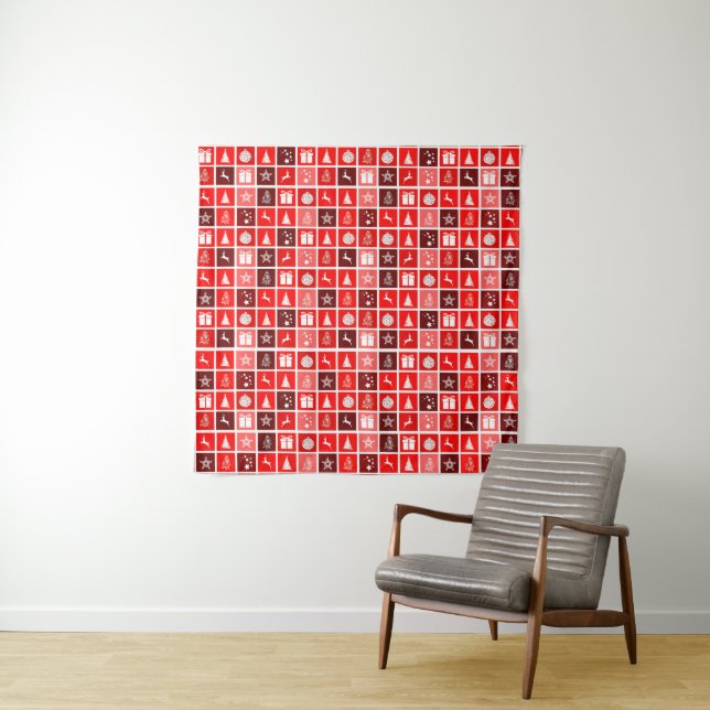 Modern Red Christmas Grid Pattern Minimalist  Tapestry (In Situ)