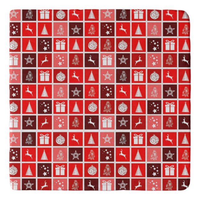 Modern Red Christmas Grid Pattern Minimalist  Trivet (Front)