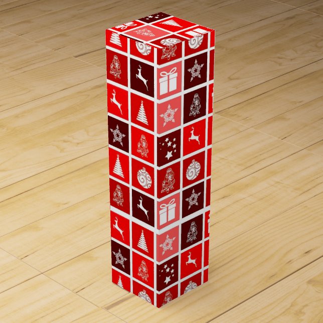 Modern Red Christmas Grid Pattern Minimalist  Wine Box (Front)