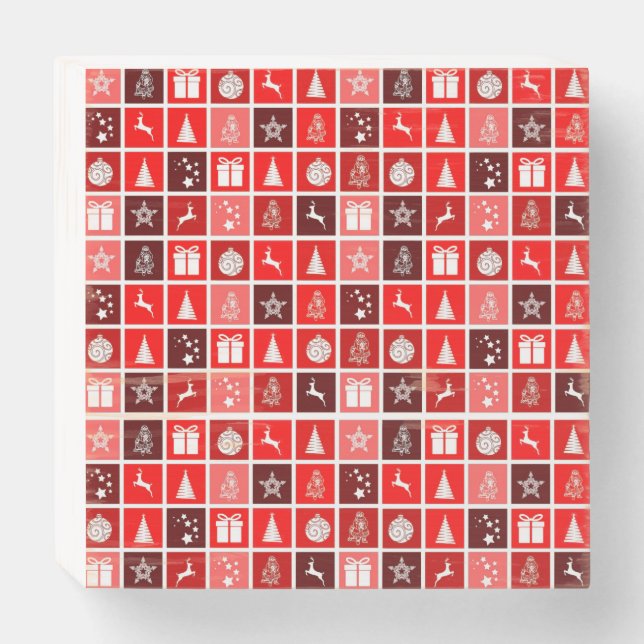 Modern Red Christmas Grid Pattern Minimalist  Wooden Box Sign (Front Horizontal)