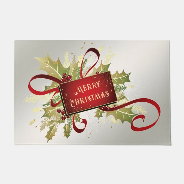 Modern Red Christmas Holiday Doormat (Front)