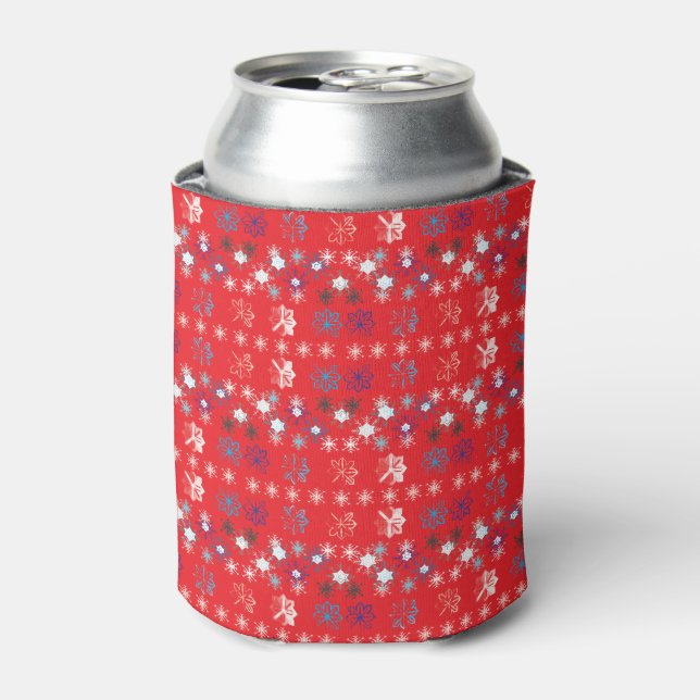 Modern Red Christmas Holiday snowflake pattern Can Cooler (Can Front)