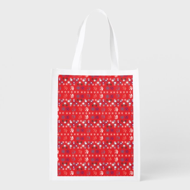 Modern Red Christmas Holiday snowflake pattern Grocery Bag (Back)