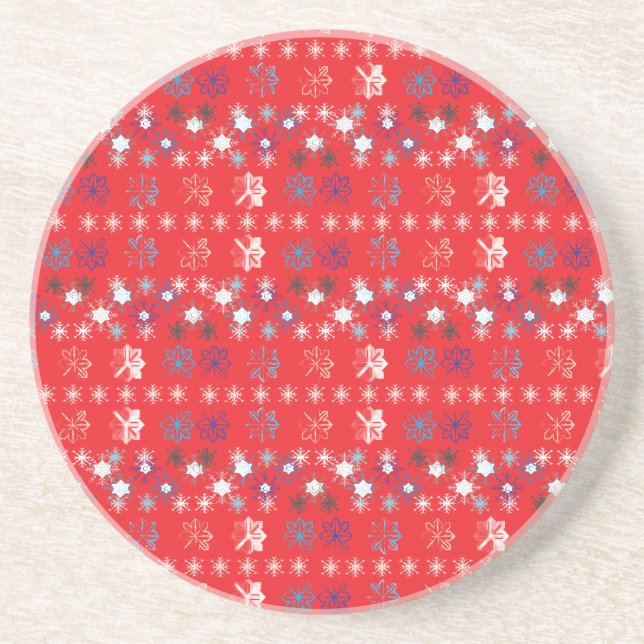 Modern Red Christmas Holiday snowflake pattern Sandstone Coaster (Front)