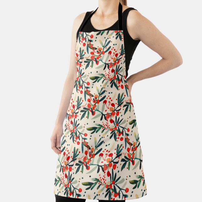 Modern Red Christmas Holly Berries Apron (Insitu)