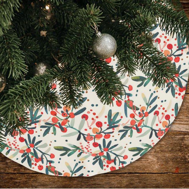 Modern Red Christmas Holly Berries Brushed Polyester Tree Skirt (Creator Uploaded)