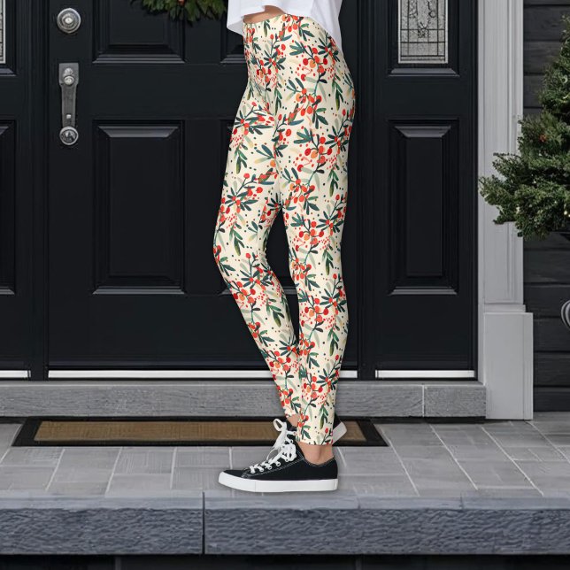 Modern Red Christmas Holly Berries Leggings (Creator Uploaded)