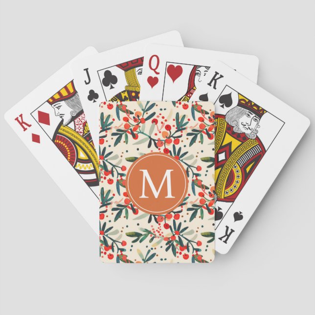 Modern Red Christmas Holly Berries Monogram Poker Cards (Back)