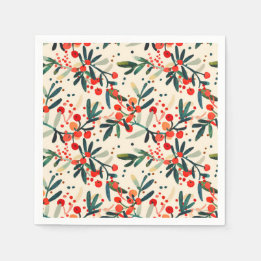 Modern Red Christmas Holly Berries Napkins