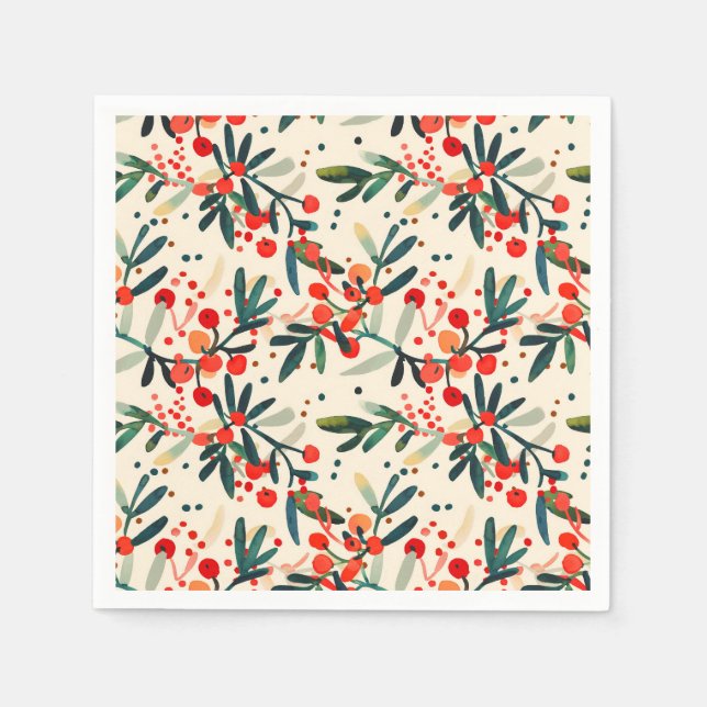 Modern Red Christmas Holly Berries Napkins (Front)