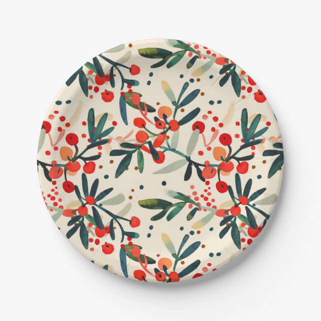 Modern Red Christmas Holly Berries Paper Plates (Front)