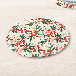 Modern Red Christmas Holly Berries Round Paper Coaster