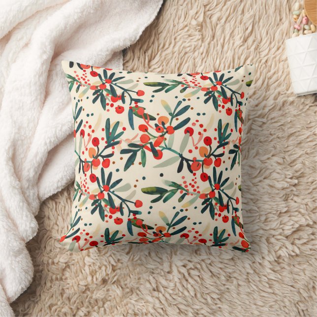 Modern Red Christmas Holly Berries Throw Pillow (Blanket)