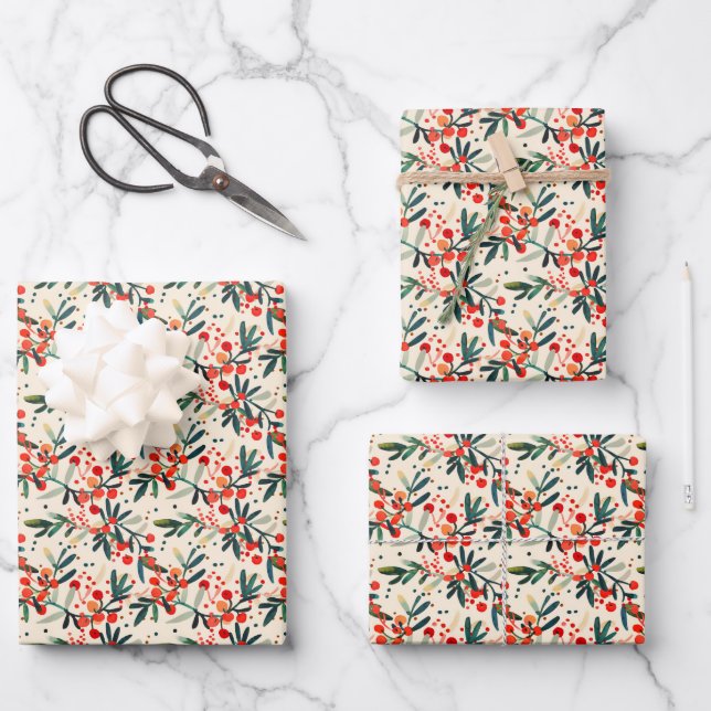 Modern Red Christmas Holly Berries Wrapping Paper Sheets (Front)