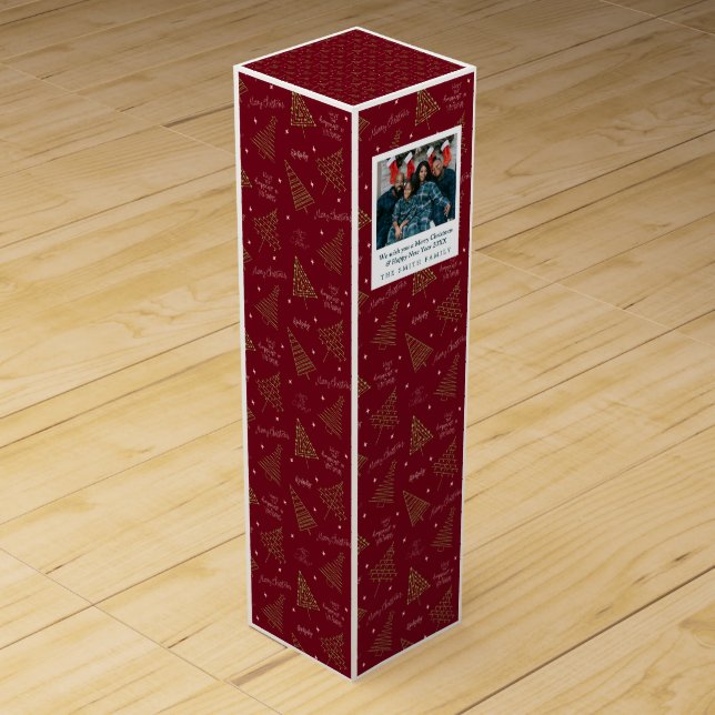 Modern Red Christmas & New Year Photo & Greetings Wine Box (Front)