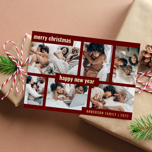 Modern Red Christmas New Year Six Photo Collage Foil Holiday Card