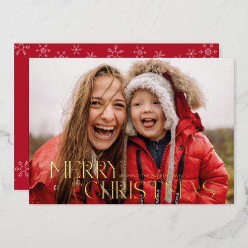 Modern red Christmas real foil Photo Holiday Card