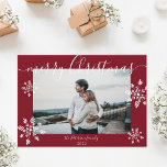 Modern red Christmas script snowflakes photo Holiday Card<br><div class="desc">Modern simple merry Christmas script snowflakes photo on editable red</div>