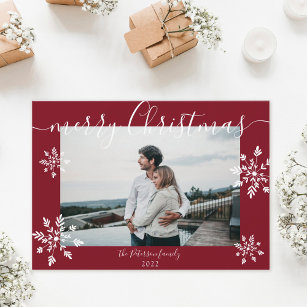 Modern red Christmas script snowflakes photo Holiday Card