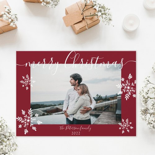 Modern red Christmas script snowflakes photo Holiday Card