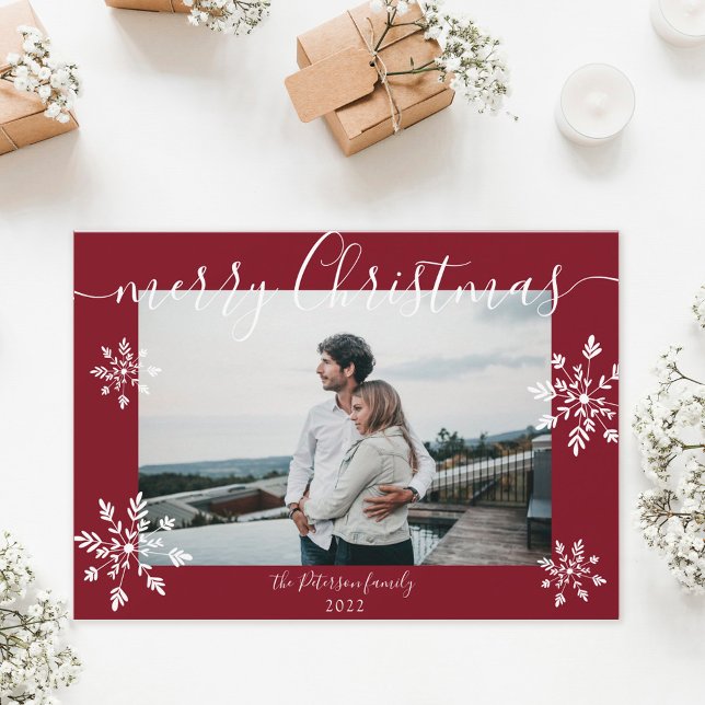 Modern red Christmas script snowflakes photo Holiday Card (Creator Uploaded)