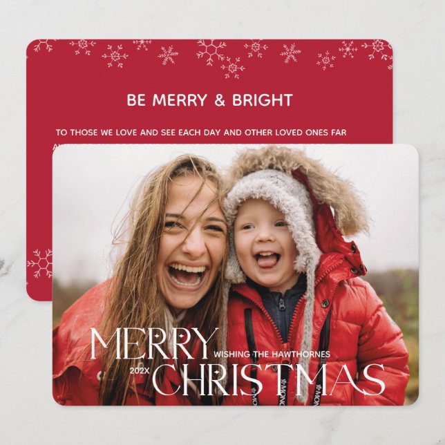 Modern red Christmas Snowflake custom Photo Holida Holiday Card (Front/Back)