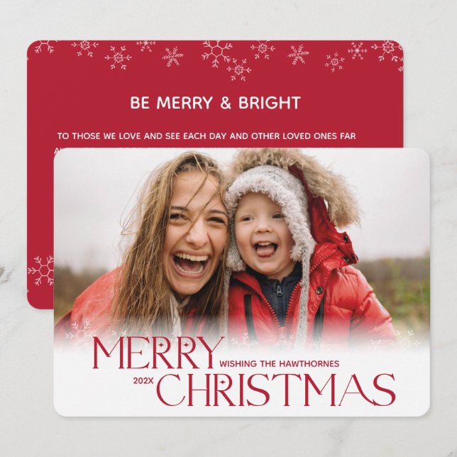 Modern red Christmas Snowflake custom Photo Holiday Card (Front/Back)