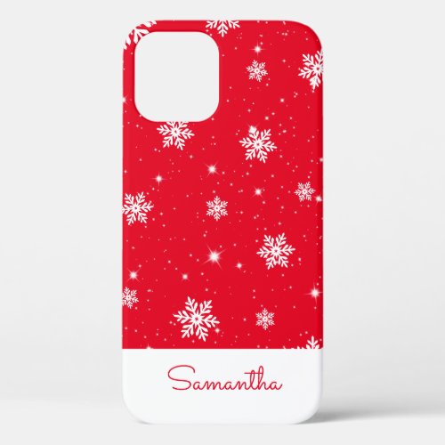 Modern Red Christmas Snowflake Stars Pattern iPhone 12 Case