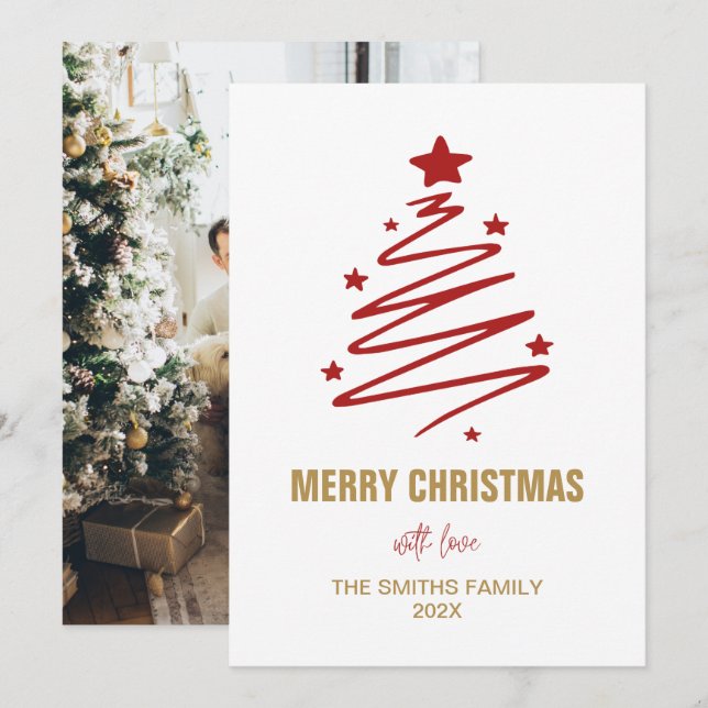 Modern Red Christmas Tree And Personalized Photo  Holiday Card (Front/Back)