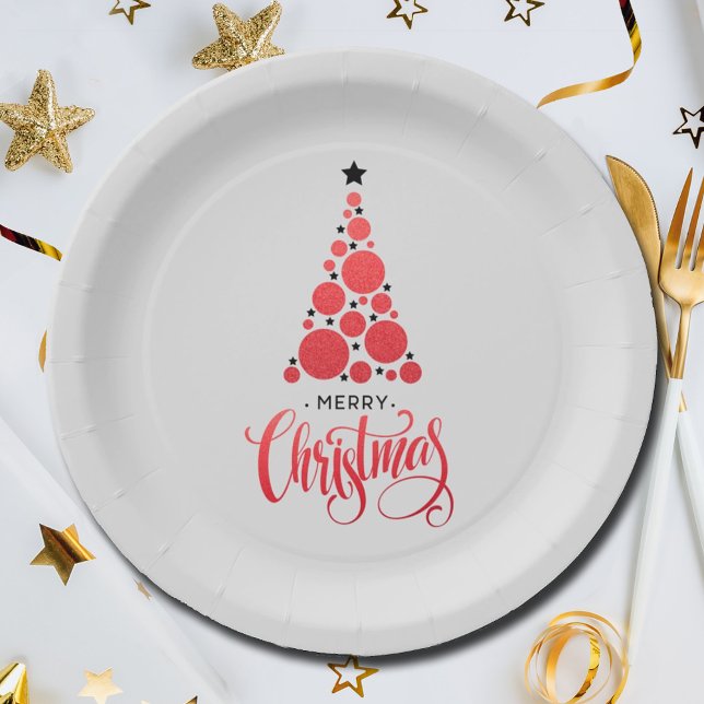 Modern Red Christmas Tree Holiday Paper Plates (Modern Red Christmas Tree Holiday Paper Plates)