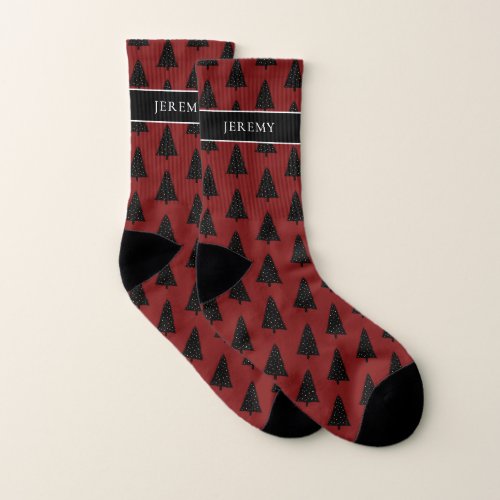 Modern Red Christmas Tree Pattern For Dad Socks