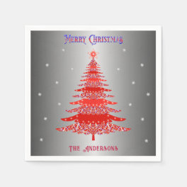 Modern Red Christmas Tree Snowflakes Name Silver Napkins