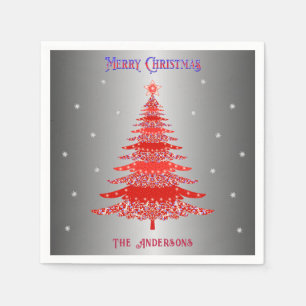 Modern Red Christmas Tree Snowflakes Name Silver Napkins
