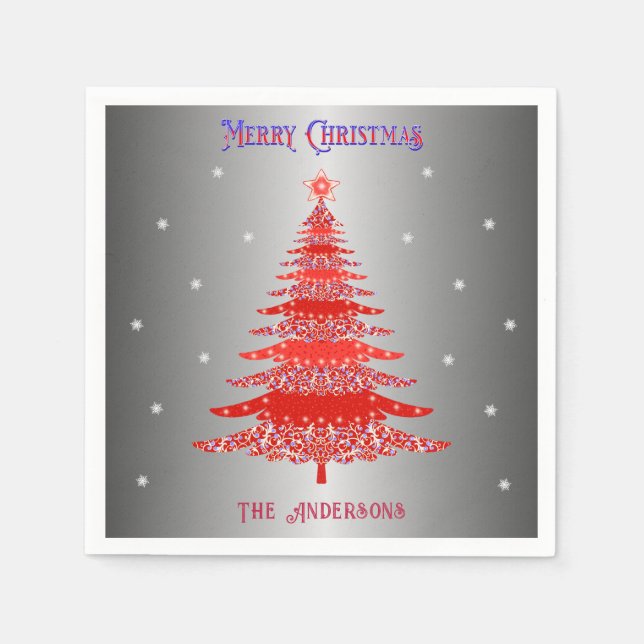 Modern Red Christmas Tree Snowflakes Name Silver Napkins (Front)