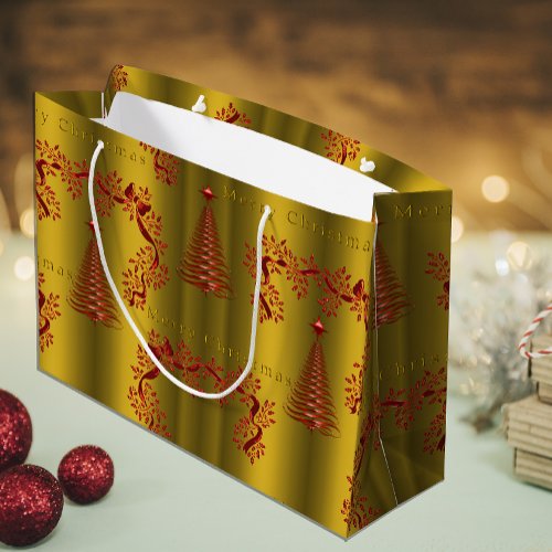 Modern Red Christmas Trees on Gold Large Gift Bag