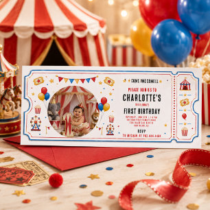 Modern Red Circus Ticket 1st Birthday Any Gender Invitation