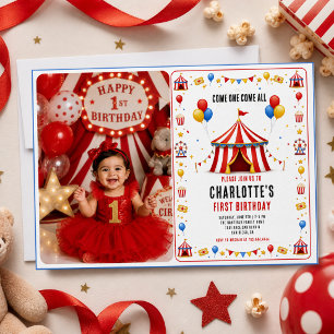 Modern Red Circus Ticket 1st Birthday   Any Gender Invitation