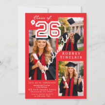 Modern Red Class of 2026 3-Photo Graduation  Invit