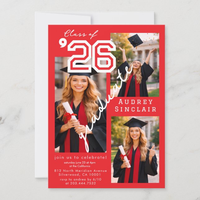 Modern Red Class of 2026 3-Photo Graduation  Invit Invitation (Front)