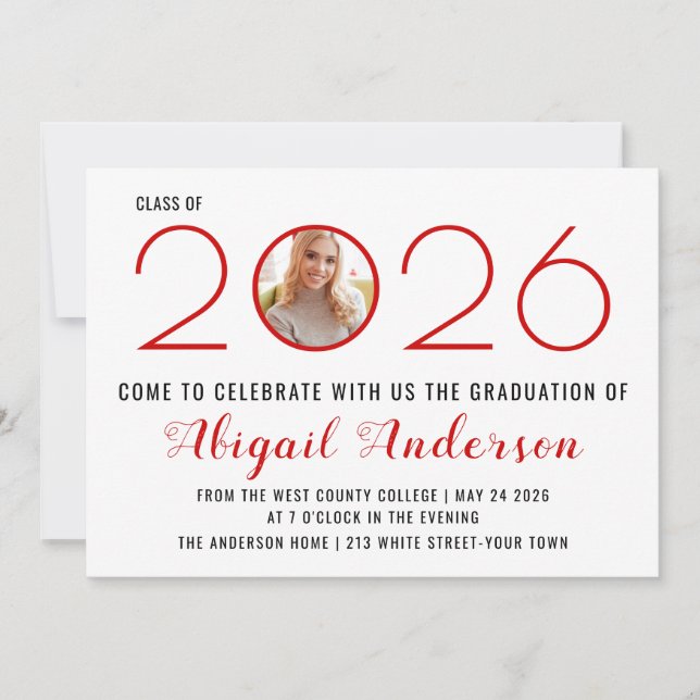 Modern red class of 2026 graduation photo invitation (Front)