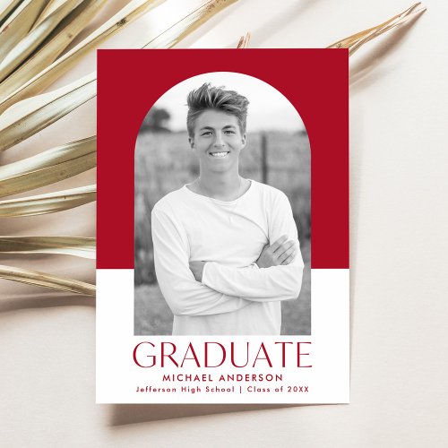 Modern Red Color Block Arch Photo Graduation Announcement