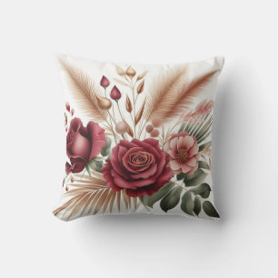 Modern red color rose flower with eucalyptus  throw pillow