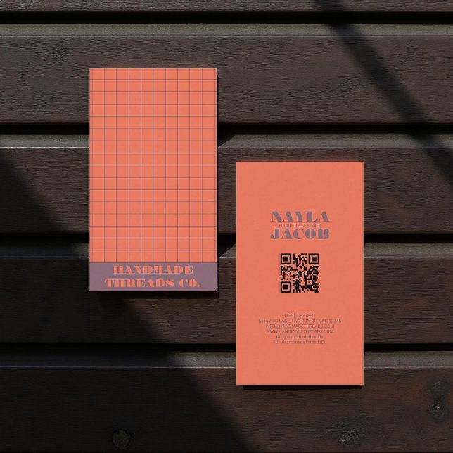 Modern Red Coral Checkered Pattern QR Code  Business Card (Creator Uploaded)