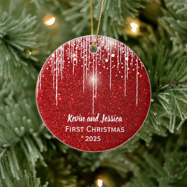 Modern Red Couples First Christmas Name  Ceramic Ornament (Tree)