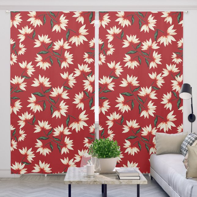 Modern Red Cream Flower Pattern Blackout Curtains (Living Room)